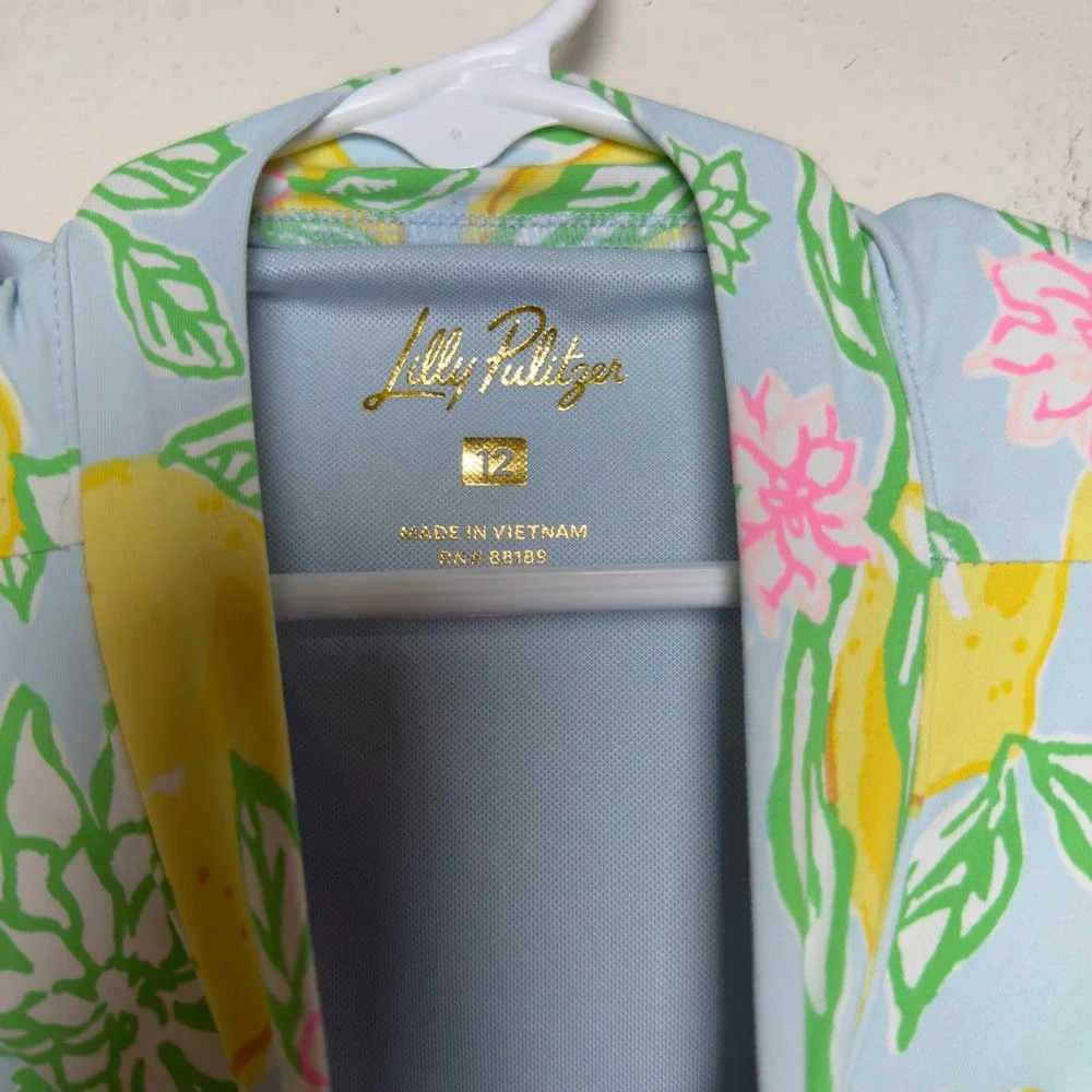 Lilly Pulitzer Girls Denning Rashguard Swimsuit 12 Blue Make Lemonade UPF 50+